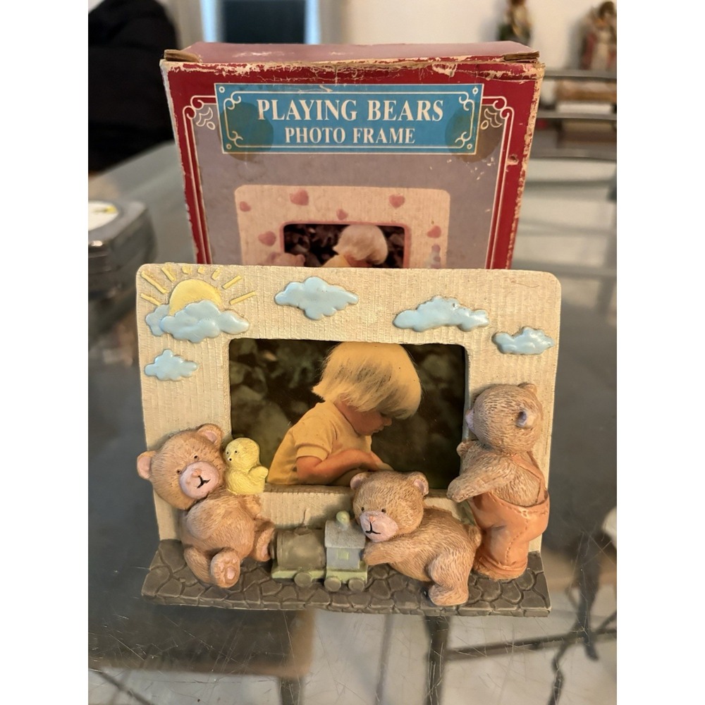 Vintage "Playing Bears" Photo Frame w/ Box - Sun, Clouds, Train, Duck 5x4"
